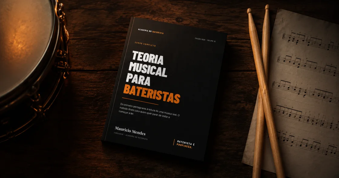 Apostila de Teoria Musical para Bateristas sobre a mesa, ao lado de baquetas e uma partitura