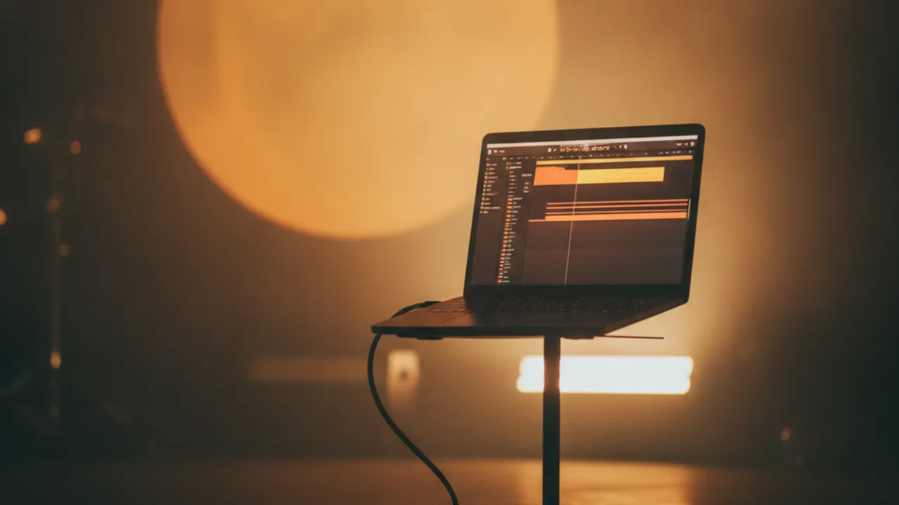 Notebook sobre um suporte no palco com uma DAW aberta na tela e luzes de show âmbar ao fundo