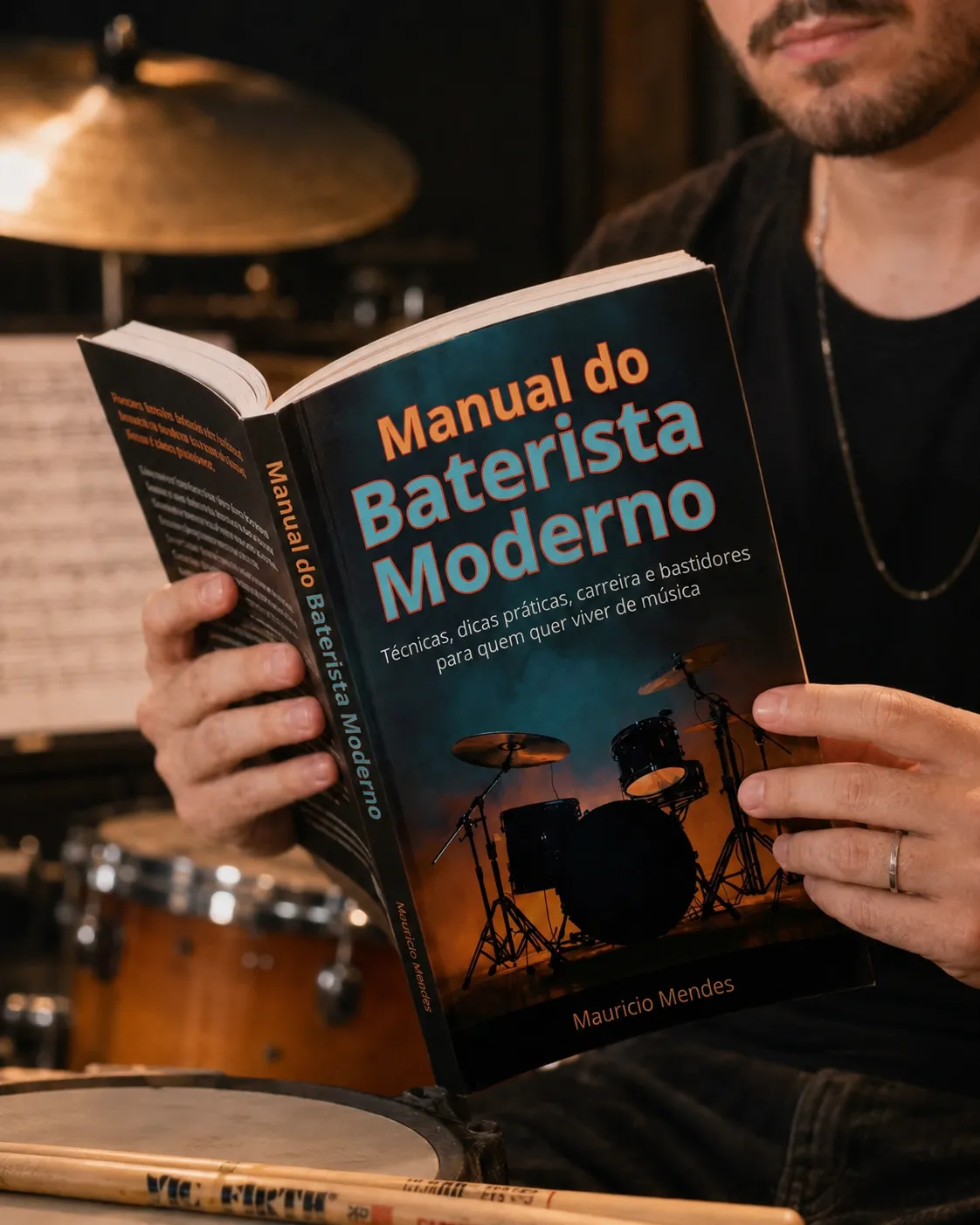 Baterista lendo o Manual do Baterista Moderno na sala de ensaio
