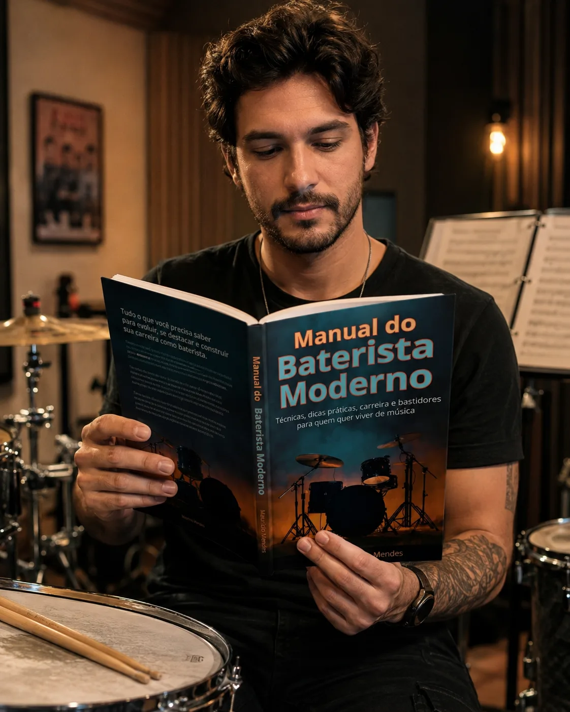 Baterista lendo o Manual do Baterista Moderno entre a bateria e a estante de partitura