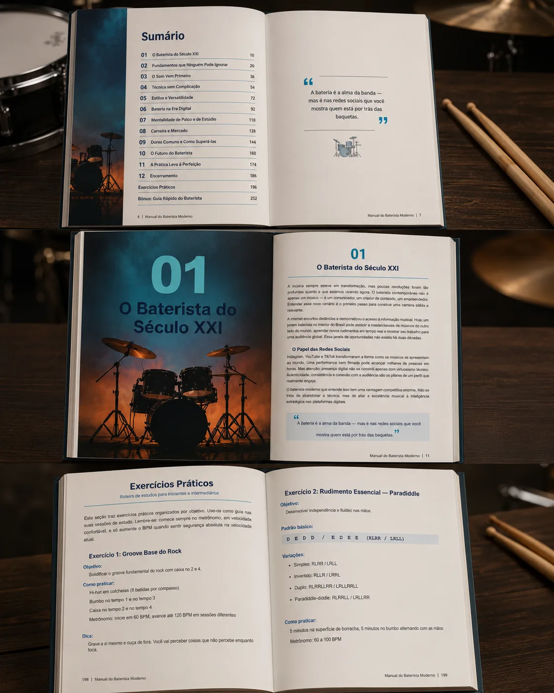 Páginas internas do livro Manual do Baterista Moderno — sumário, abertura de capítulo e exercícios práticos