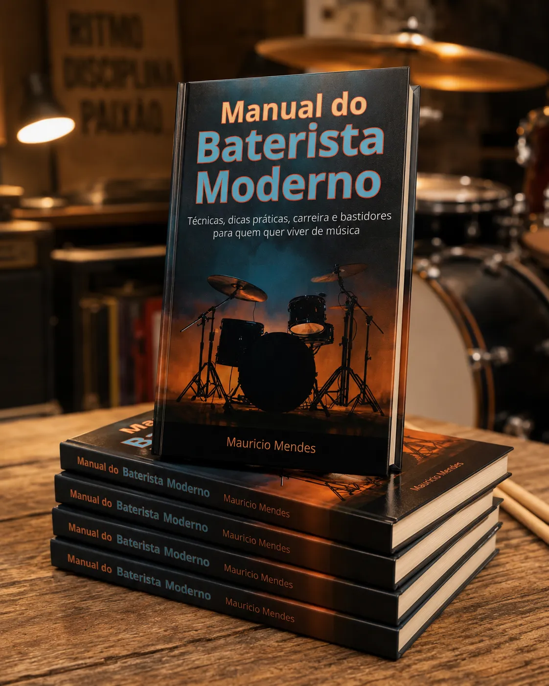 Pilha de exemplares do Manual do Baterista Moderno em cima da mesa de madeira com a bateria ao fundo